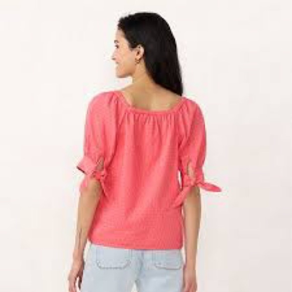 Women's Pink Puff Sleeve Swiss Dots Blouse Covered Buttons Knot Sleeve SZ Medium - Picture 2 of 10